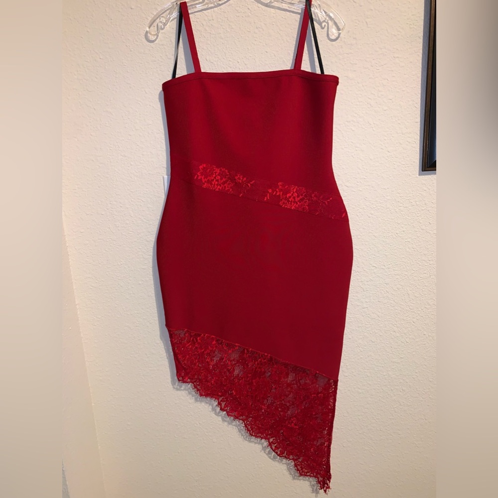 NWOT Asymmetrical Red Cocktail Dress With Lace Detail